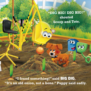 Big Dig Book Page with Big Dig, Puppy, Shovel, Bucket in a garden