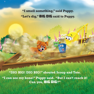 Big Dig Book Page with Big Dig, Puppy, Bucket and Shovel in the sandpit