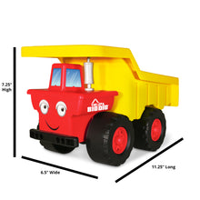 Load image into Gallery viewer, The Big Dig Dump Truck with dimensions. 7.25 inches high, 6.5 inches wide, 11.25 inches long