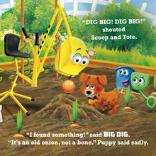 Load image into Gallery viewer, Big Dig Book Page with Big Dig, Puppy, Shovel, Bucket in a garden