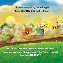 Load image into Gallery viewer, Big Dig Book Page with Big Dig, Puppy, Bucket and Shovel in the sandpit